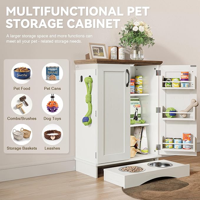 FIMELLO 32.2" H Dog Feeding Station with Storage, Dog Feeder Station with 2 Feeding Bowls, Adjustable Shelf, Pet Storage Cabinet Organizers for Cats and Dogs, Oak and White Grain