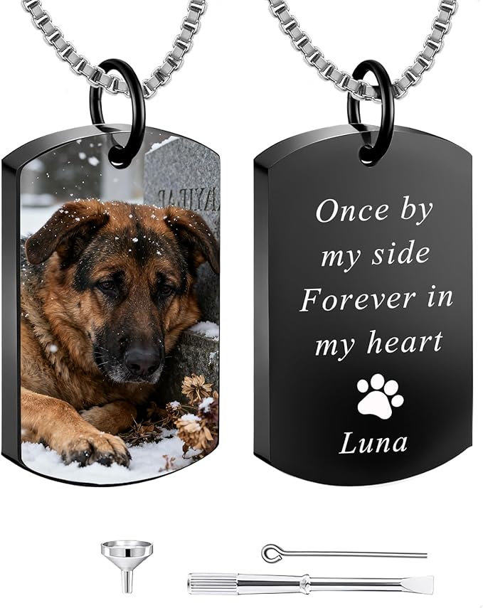 QYH Personalized Pet Urn Cremation Necklace for Ashes – Custom Keepsake Necklace with Photo and Text, Memorial for Dog Loss (Black-UV)