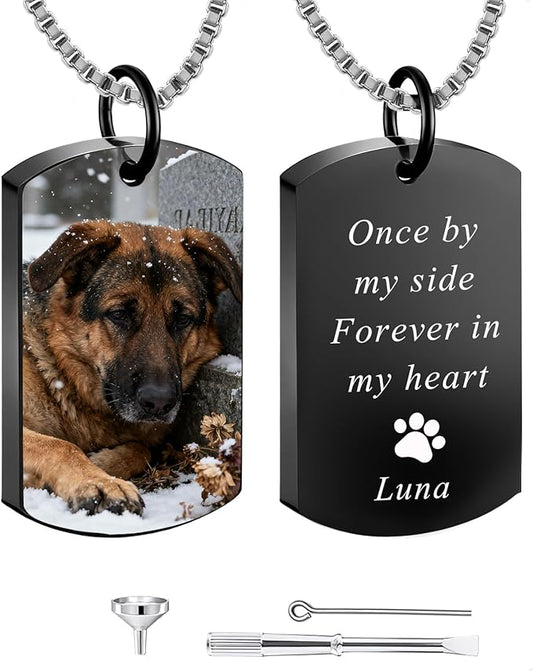 QYH Personalized Pet Urn Cremation Necklace for Ashes – Custom Keepsake Necklace with Photo and Text, Memorial for Dog Loss (Black-UV)