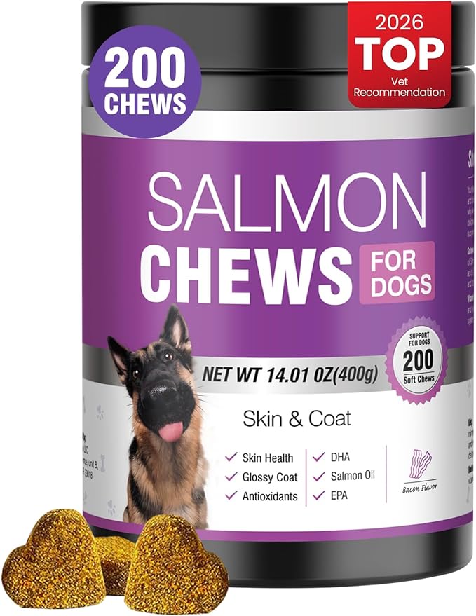 Omega 3 Skin and Coat Supplement for Dogs 200 Chews Dog Fish Oil Supplements with EPA & DHA Fatty Acids Dry Skin Relief for Dogs Shedding Allergy Itching Promotes Heart Hip Joint Health Bacon Flavor