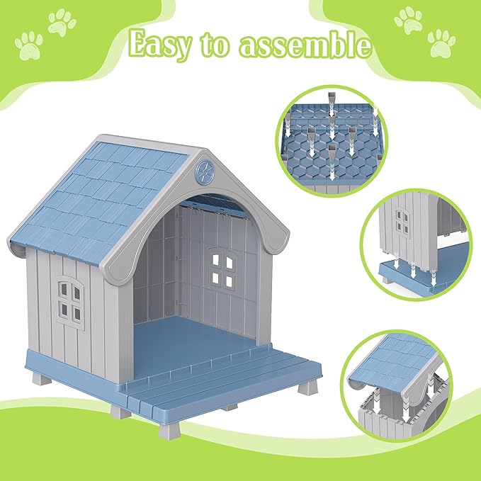 DRATO Large Dog House Outdoor Indoor, Sturdy Plastic Waterproof Doghouse with Air Vents and Elevated Floor, Easy Clean & Assemble for Medium Large Dogs (Blue, 33" L×31.5" W×38" H)