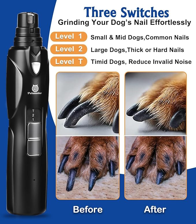 Dog Nail Grinder, 3 Grinding Heads, 2-Speed, LED Light, Touch-Switch, TypeC, Quiet, Low-Vibration, Dog Nail Trimmers for Large, Medium, Small Dogs & Cats with Hard/Thick Nails (U-Black)