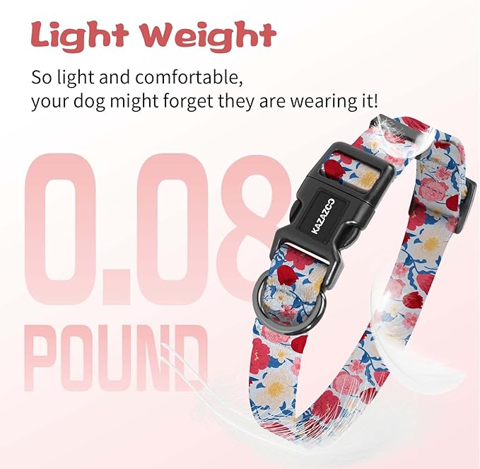 Kazazoo Dog Collar Cute and Soft Nylon Puppy Collar Girl, Adjustable Dog Collars for Small Medium Dogs, Blue and Pink Flowers-M