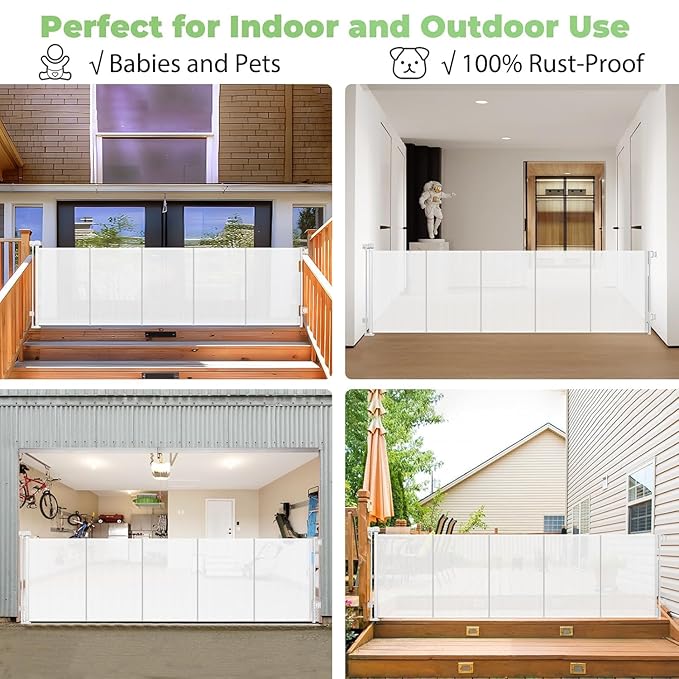 Reinforced 120 Inch Extra Long Retractable Baby & Dog Gate with Support Rods Prevents Crawling Under, 10 Ft Wide for Large Openings, Indoor/Outdoor Gate, White
