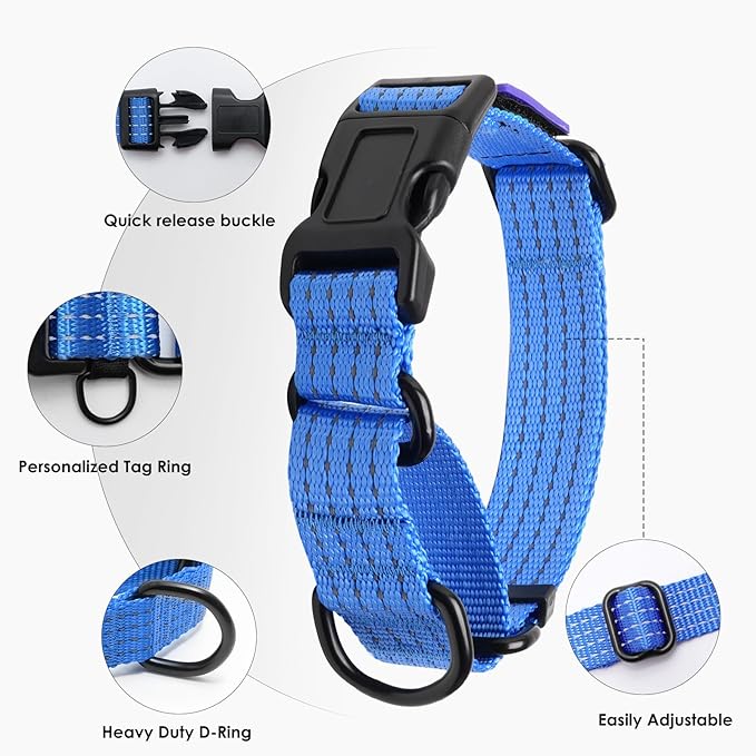 Martingale Dog Collar, Reflective No Pull Training Collar with Quick Release Buckle & USA Flag, Heavy-Duty Nylon, Adjustable for Small Medium Large Dogs (M,Blue with Flag