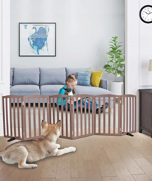 ZJSF Foldable Freestanding Indoor Dog Gate for House Wood Long Pet Gates Dog Fence for Stairs Puppy Gates for Hallways, Puppy Gate,Support Feet Included, Brown, 32 "Height-6 Panels