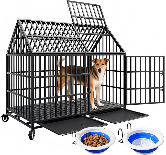 50 inch Heavy Duty Dog Crate with 2 Bowls and 4 Wheels, Indestructible Escape-Proof Steel Pet Kennel Cage Indoor for High Anxiety Dogs with 4 Sturdy Locks, Double Door and 2 Trays, Extra Large XL XXL