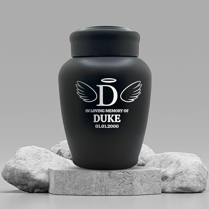 Custom Engraved Dog Urn - Stainless Steel, Black, Angel Pattern - Large Cremation Urns for Dogs Up to 150 lbs with Airtight Closure