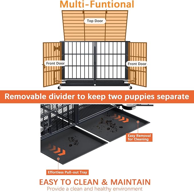 42 inch Stackable Heavy Duty Metal Dog Crate for 4 Dogs/Large Dog,All Metal Open Top Access,Escape Proof Cage,Dog Kennel Indoor with Wheels,Floor Grid, Tray, Divider and Feeding Bowl
