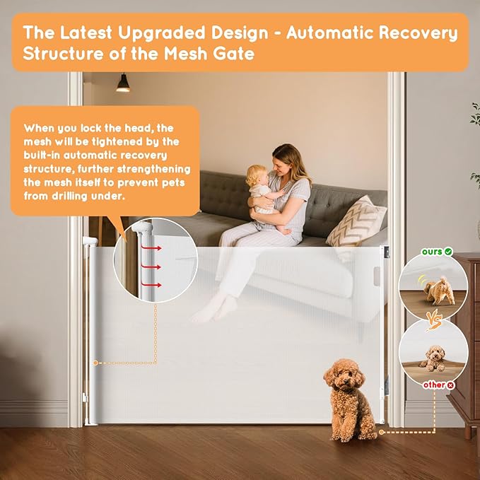 Retractable Baby Gate, 38" Extra Tall Mesh Dog Gate with Auto-Tension Design, 71" Wide One-Hand Operation Doorway Gates for Pets & Babies, No Bottom Rail Gate for Hallways, White
