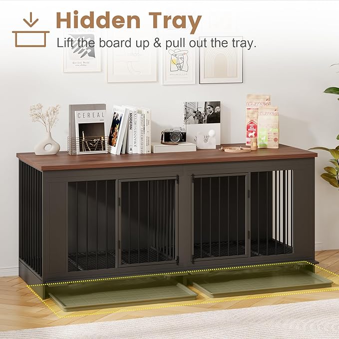 Furniture Style Dog Crate with Tray, 75" L Indoor Wooden Large Dog Kennel Furniture, Heavy Duty Decorative Dog Crate Table and Removable Divider, Black