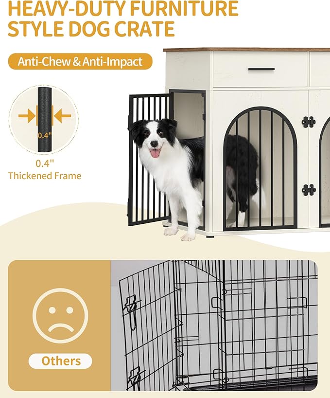 43.3'' Large Dog Crate Furniture with 2 Storage Drawers, Heavy Duty Dog Kennel Indoor with Charging Station, Wooden Dog Cage End Table Kennel for Medium/Large Dogs, White Brown DFC88214B