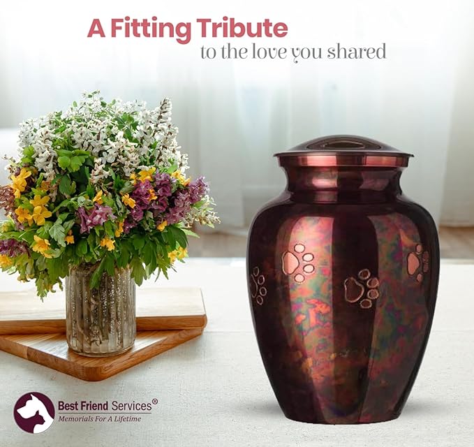 Ottillie Paws Legacy Series Pet Urn for Dogs and Cats, Handmade Brass Memorial Cremation Urn (Small - Pets up to 25 lbs, Raku, Horizontal Brass Paws)