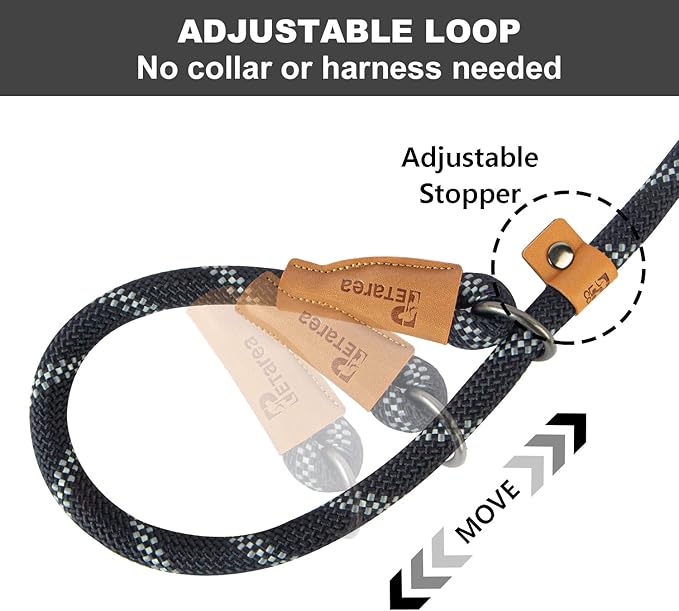 5 FT Slip Lead Dog Leash, Heavy Duty Rope Leash for Small Medium Large Dogs, No Pull Training Lead with Reflective Thread, Strong Comfortable Loop Leash (Black Stripe, Large(1/2"))