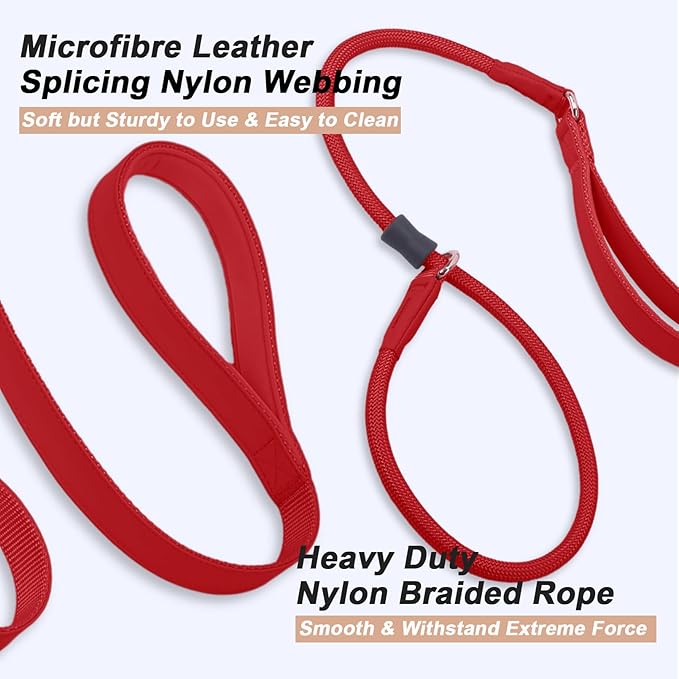 Slip Lead Dog Leash, Double Handle, Soft Leather, Heavy Duty Nylon, No Pull Walking, 5ft Red