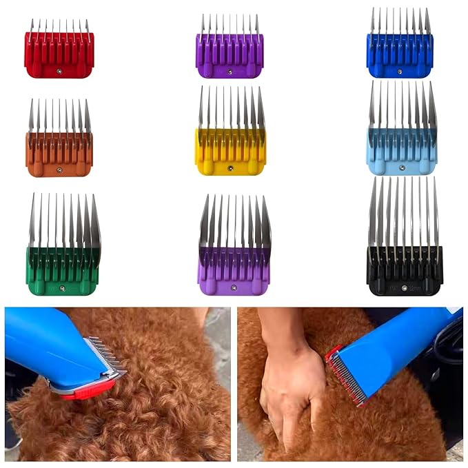 Animal Stainless Steel Attachment 9 Color Guide Comb Set Fit for Most Oster/Wahl/Andis Detachable-Style Clippers (ONLY Snap on Size #10/15/30 blades), Easy to Install