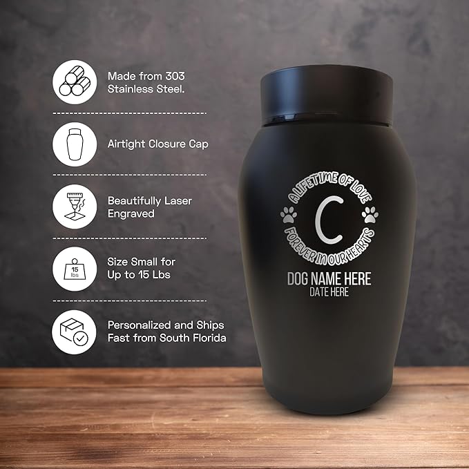 Custom Small Keepsake Urn Engraved with Pet Name, Date, and Dog Design - 5.2" Black Powder Coated Steel Cremation Urns for Dogs Ashes | 12-16 lb Capacity, Lifetime of Love