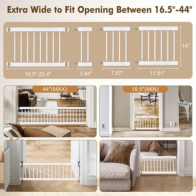 Dog Gate - 14" Tall Puppy Safety Pet Gates Easy to Step Over, Short Dog Gates,16.5"-44" Adjustable Extra Wide, Metal Doggy Door for Passageway Stairs Kitchen Bedroom Indoor, Pressure Mounted