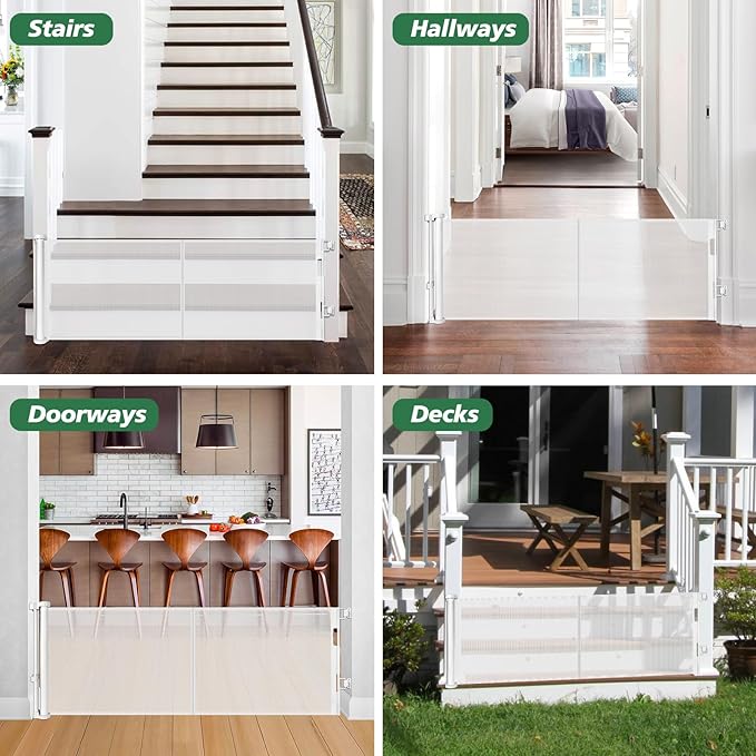 Reinforced 24 Inch Tall Retractable Baby Gates for Dogs, Short Dog Gates to Step Over, Expands 0-55 Inches Wide, Mesh Pet Gate with Support Rods, Small Puppy Gates for The House, White