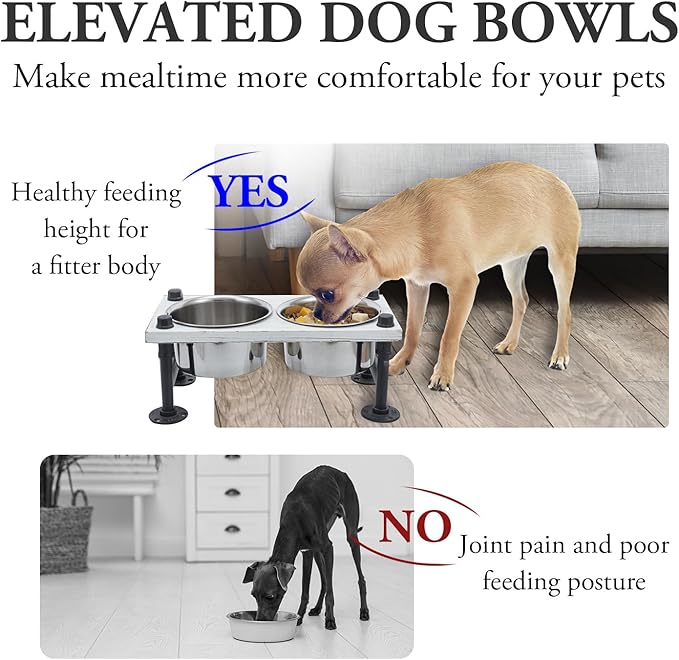 MyGift Vintage White Solid Wood Elevated Feeder with Industrial Metal Legs, 6.2" Tall Bowls for Medium Sized Dogs, Raised Food and Water Stand with 2 Stainless Steel Bowls