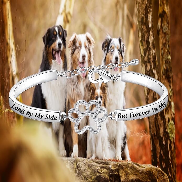 BEKECH Dog Memorial Bracelet No Longer by My Side But Forever in My Heart Crystal Paw Print Bracelet Loss of Pet Jewelry