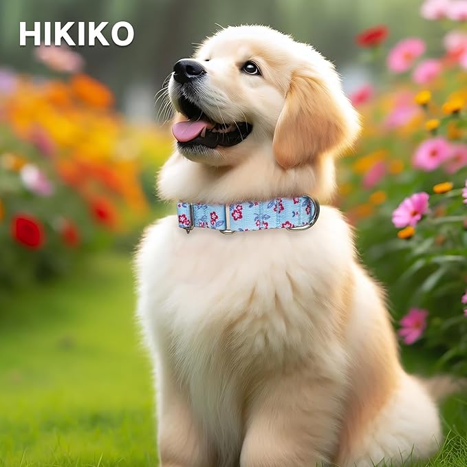 Hikiko Martingale Dog Collar with No Buckle Cute Girl Flower Dog Collars Comfortable Nylon Choke Collar for Puppy Dogs,Light Blue Flower,XS