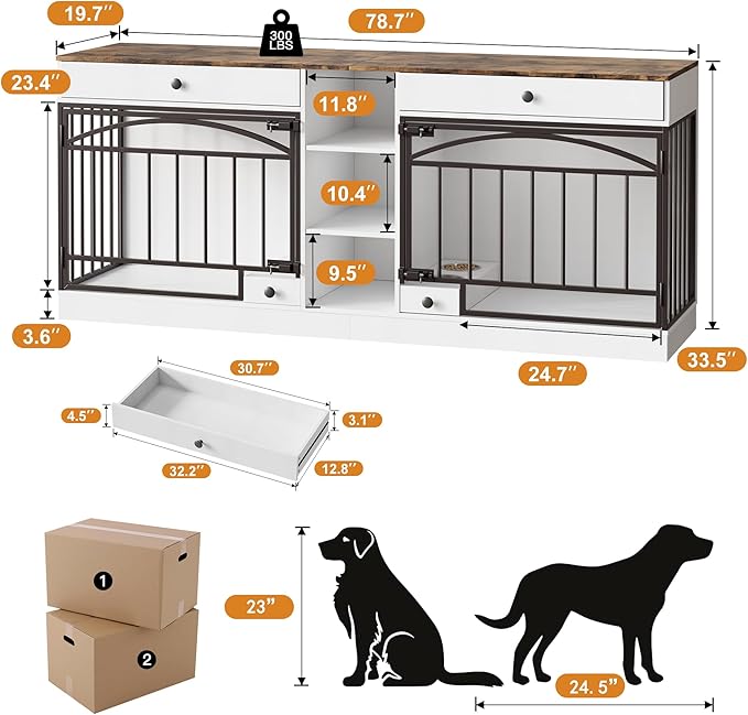 IDEALHOUSE 78.7" Double Dog Crate Furniture with Storage and 2 Doors, Dog Kennel Indoor with Feeding Bowls, Wood Dog Crate TV Stand for Small Medium Dogs, White