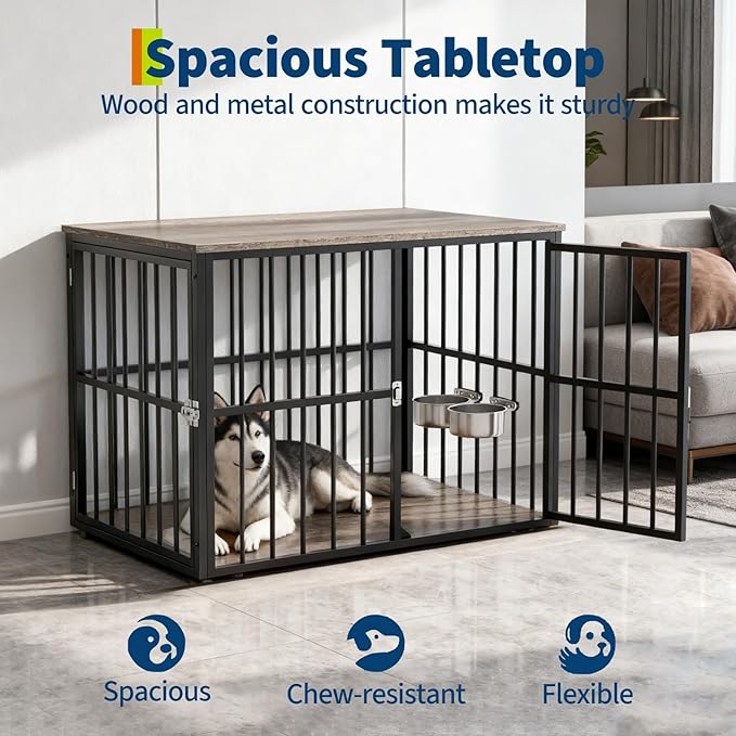 43" Large Dog Crate Furniture with Double Doors, Heavy Duty Indoor Pet Cage Pet House with Lockable Dog Kennel Furniture & Side End Table for Large/Medium Dogs Wooden Decorative
