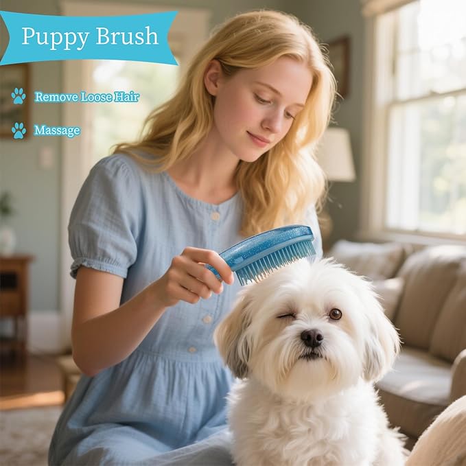 Comma-Shaped Small Dog Brush and Cleaning Comb, Fit for Yorkie, Shih Tzu, Maltese Maltipoo Pomeranian - Gentle Soft Bristles for Effortless Pet Hair Removal, Puppy Essentials (Crystal Blue)