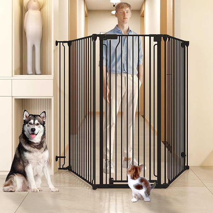 51" Extra Tall Cat Gate for Cats – 57.4" to 81" Extra Wide Cat Gate for Doorway,Auto Close 3-Panel Durable Pet Gate Indoor Use, Metal Dog Gate for Kitchens, Doorways & Stairs (Black)