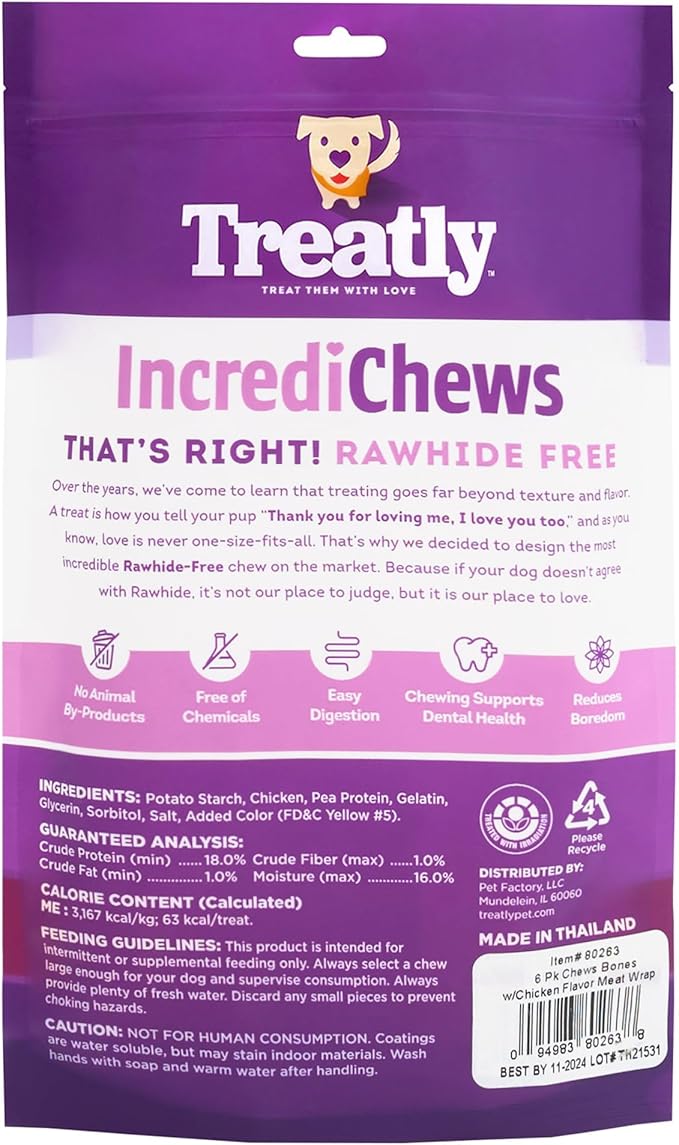 IncrediChews Bone w/Chicken Meat Wrap Dog Chew Treats - 6 Count/2 Pack