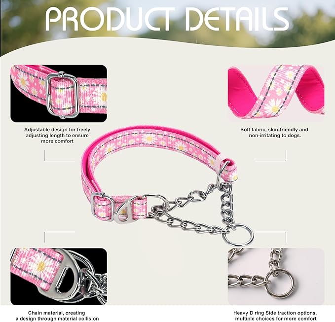 Martingale Dog Collar with Chain,Pink Daisy No-Pull Dog Collar Adjustable Comfortable Reflective Choke Dog Collar for Training & Walks（Pink Daisy XL