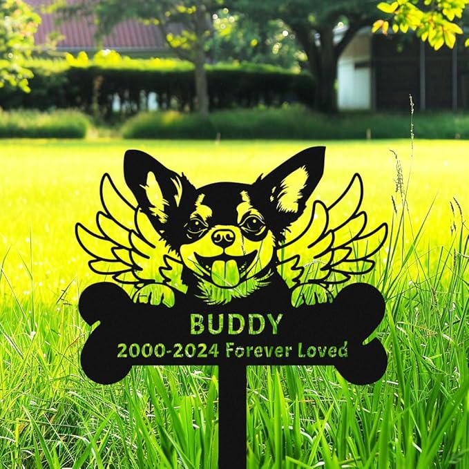 Personalized Chihuahua Dog Memorial Grave Marker Metal Garden Decor Sign with Stake, Custom Dog Memorial Stake with Wings Dog Sympathy Gift Pet Loss Burial Stake, Customized Memorial Plaque