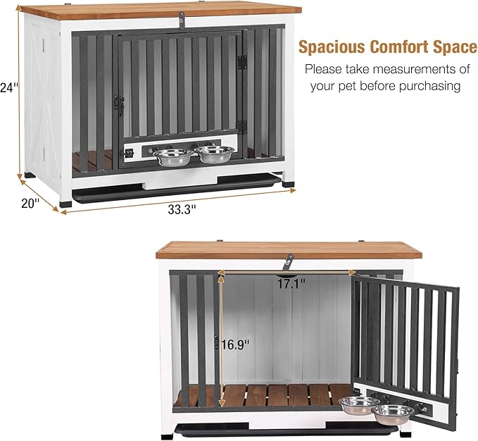 Folding Dog Crate Furniture, Wooden Dog Crate End Table with 360°Rotatable Removable Dog Bowls &Tray, Modern Kennel for Dogs Indoor for Small, Medium Dogs- Portable