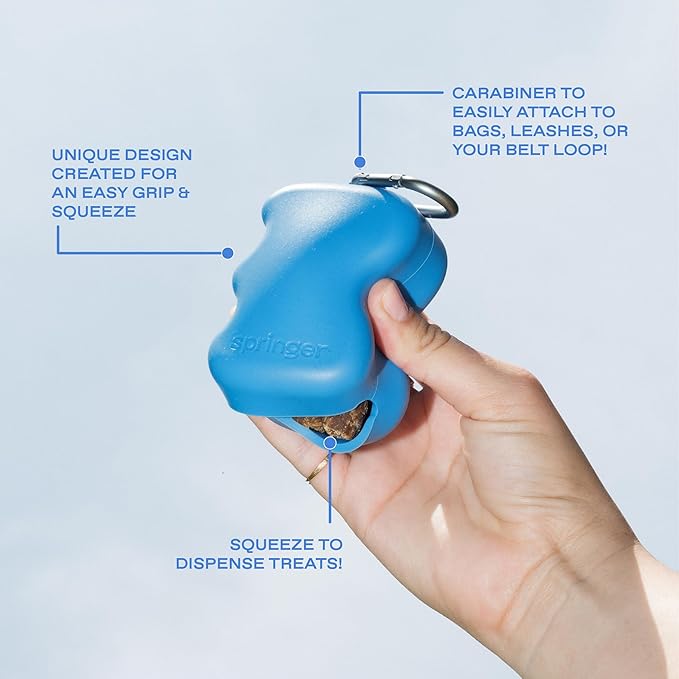 Springer Dog Treat Pouch for Effort-Free Squeeze Dispensing - Easy-Fill, Food-Grade Silicone Treat Pouches for Pet Training - Includes Carabiner-Blueberry