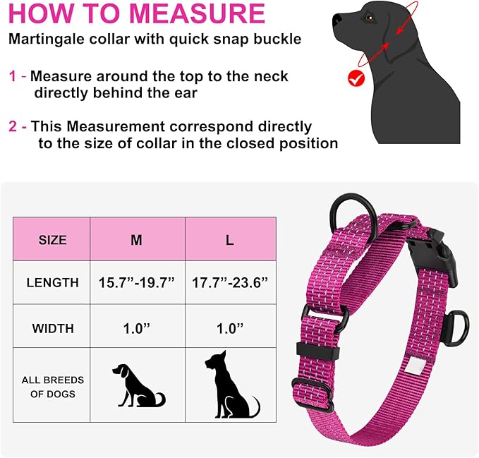 Martingale Dog Collars, Adjustable Reflective Nylon Dog Collar for Training Dogs, No Pull Dog Choker Collar for Medium Large Dogs (L, Hot Pink)