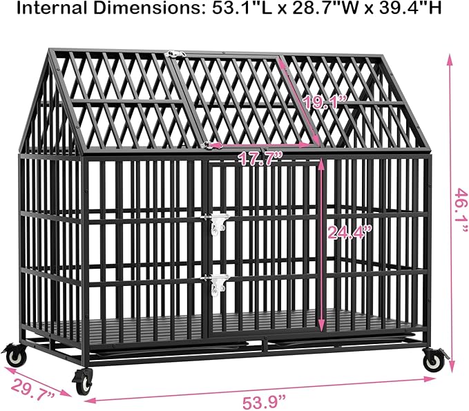 54 Inch Heavy Duty Indestructible Dog Crate with 2 Bowls, Escape Proof Indoor Double Door Cage with Wheels and Trays, Steel Kennel for High Anxiety Large Giant Dogs, XL/XXL