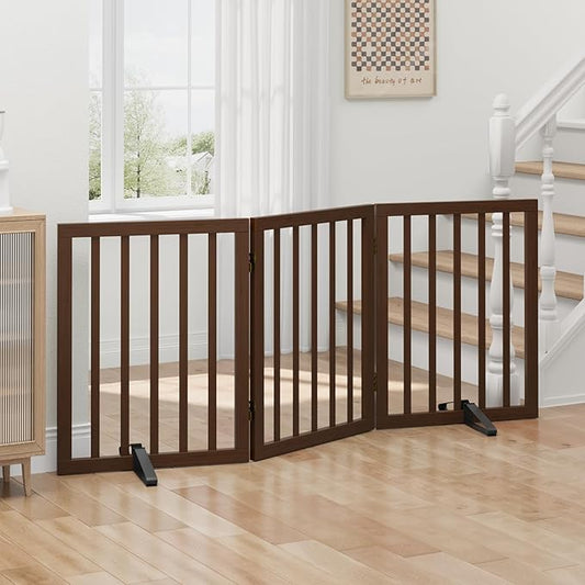 Dog Gate for Doorways, Freestanding Foldable Dog Gate Indoor, Pet Gates for Doorways Bedroom, Puppy Gate with Metal Support Feet, 3 Panels (Rustic tan)