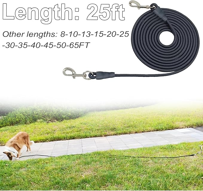 Tie Out Rope Dog Leash, Long Tether 8-10-13-15-20-25-30-35-40-50-65FT Nylon Check Cord for Medium Large Dogs Outdoor Playing Camping Backyard (Black, 3/8" x 25ft)
