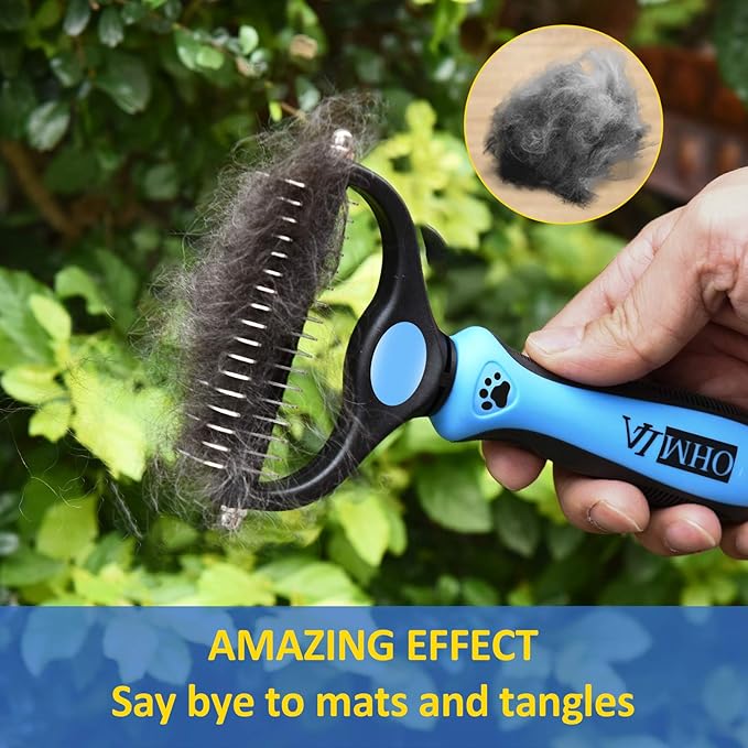 OHMLA dematting Tool for Dogs/Cats-Double-Sided Cat and Dog Grooming Rakes/Easily Remove 99% Tangles/No More Hairs That Make You Hate Falling and Flying-Suitable for People who own Cats and Dogs(Blue)