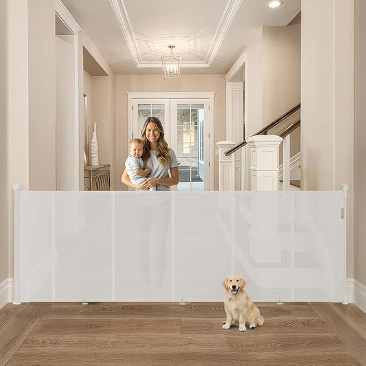Upgrade Retractable Baby Gates Extra Wide(150" W x 42" H), 150 inch Reinforced Retractable Dog Gate to Prevent Crawling Through, Retractable Gate Outdoor/Indoor, Real One-Handed Operation, White