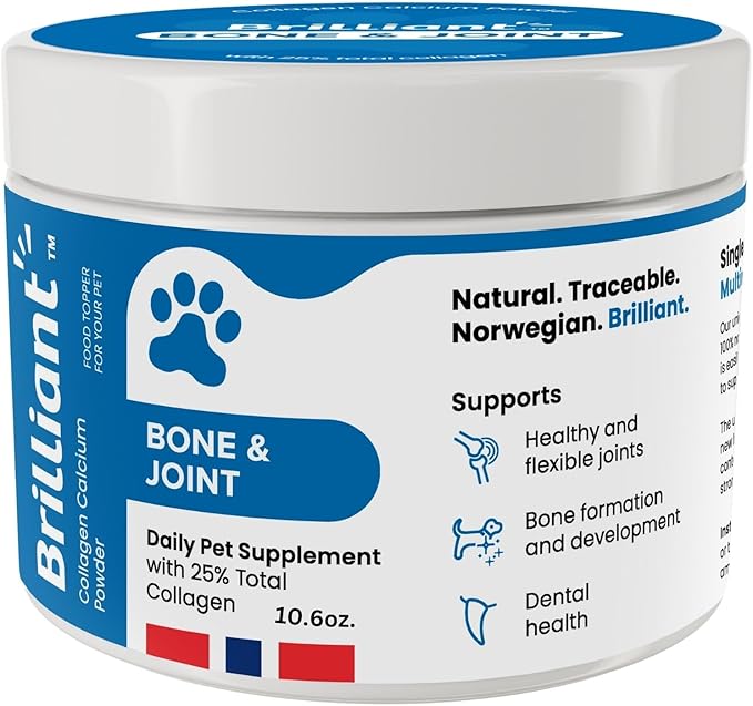 Brilliant Bone & Joint Supplement for Dogs - High Strength Calcium & Collagen Powder for Joint & Hip Support, Essential Supplement for Dog’s of All Ages - 10.6 Oz