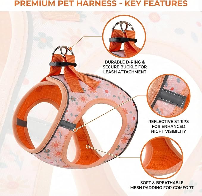 Step in Dog Harness and Leash Set, Reflective Adjustable No Pull Dog Harness for Extra-Small/Small Dogs Puppy and Cats, Soft Padded Mesh Vest Harnesses for Girl and Boy Pets(Orange Floral,XXS)