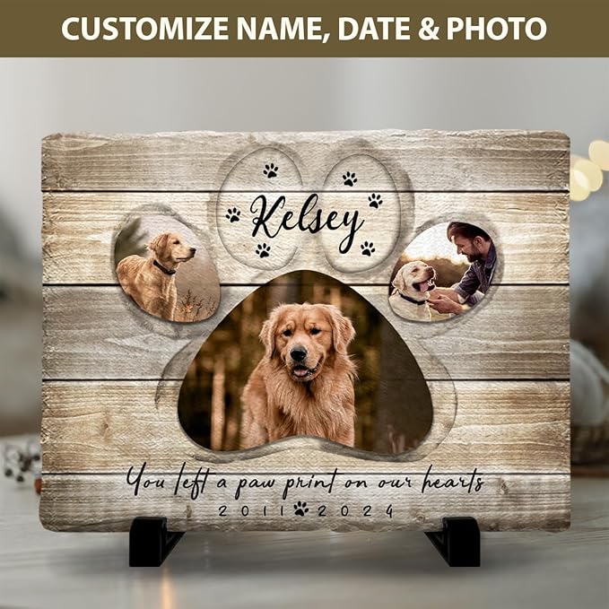 Bereavement Gift for Loss of Pets, Dogs, Cats - Paw Print on Our Hearts Stone - Meaningful Custom Message Option - Unique Home Decor Indoor, Stepping Stones Outdoor for Pet Lovers