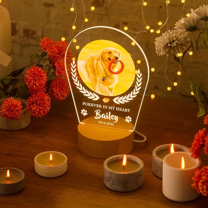 Bemaystar Personalized Dog Memorial Gifts Custom Dog Memorial Night Lights for Grieving Pet Owners, Pet Loss Gifts Cat memorial gifts Loss of Dog Sympathy Gift with Picture Name Date Custom Plaque