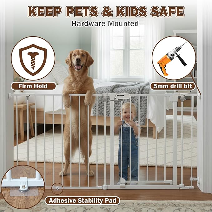 Mumeasy 126" Extra Wide Baby Gate for Doorways, Stairs & Fireplace, Auto Close Safety Dog & Pet Gate with Walk Thru Door, Childproof Fence for Hallway Kitchen House Indoor Outdoor,5 Metal Panels,White