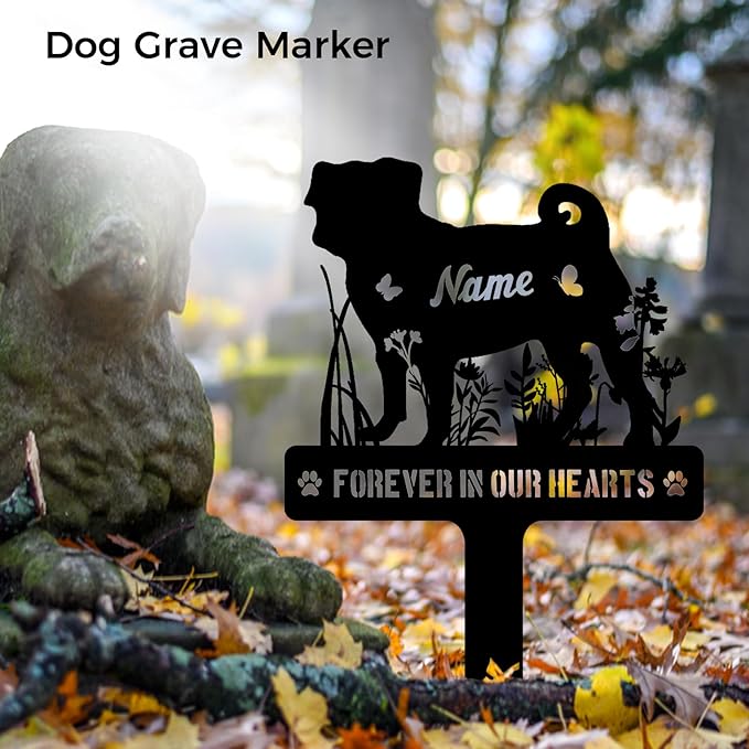 Custom Pug Puggy Dog Memorial Stake, Personalized Dog Grave Marker, Metal Pet Tombstone, Outdoor Sympathy Sign for Garden Yard Decor, Pet Loss Gift