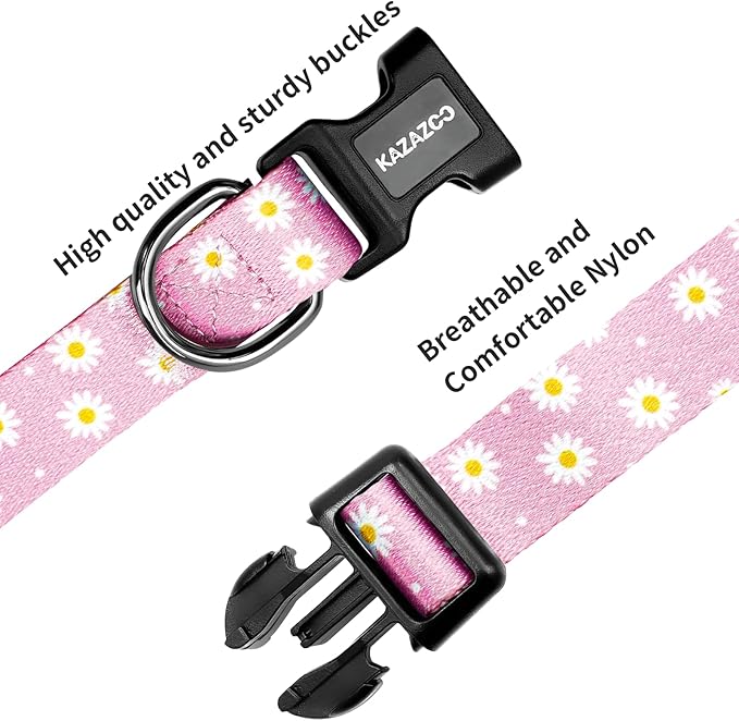 Kazazoo Dog Collar Cute and Soft Nylon Puppy Collar Girl, Adjustable Dog Collars for Medium Large Dogs, Pink Daisy-L