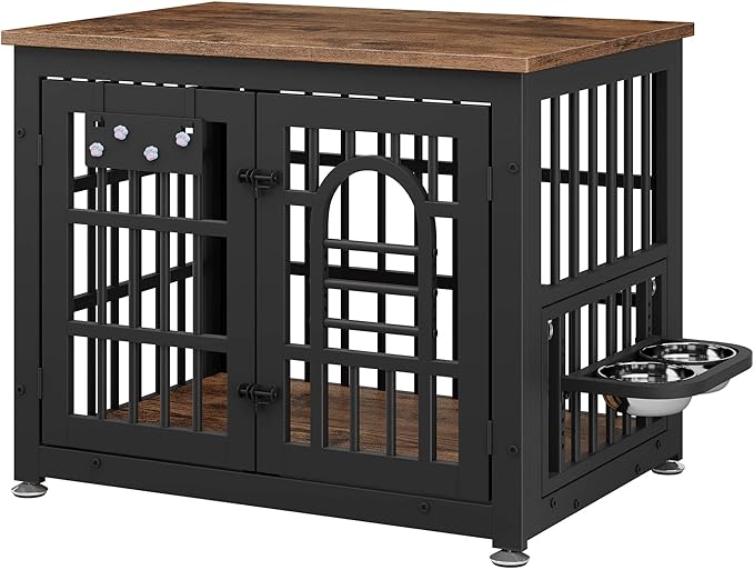 Dog Crate Furniture with Name Tag, Dog Kennel Indoor with 360° Rotating Feeder and Adjustable Heights Bowls, Wooden Decorative Pet Cage End Table for Small Dogs, Rustic Brown 31.5" L