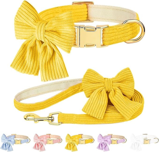 Dog Collar and Leash Set with Bowtie, Girl Dog Collars Metal Buckle Adjustable for Small Medium Dogs (Yellow, S: Neck 10"-16" Leash 5 FT)